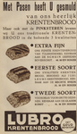 717423 Advertentie voor het Pinkster-krentenbrood van de Lubro brood- en banketbakkerijen (Abel Tasmanstraat 9) te Utrecht.